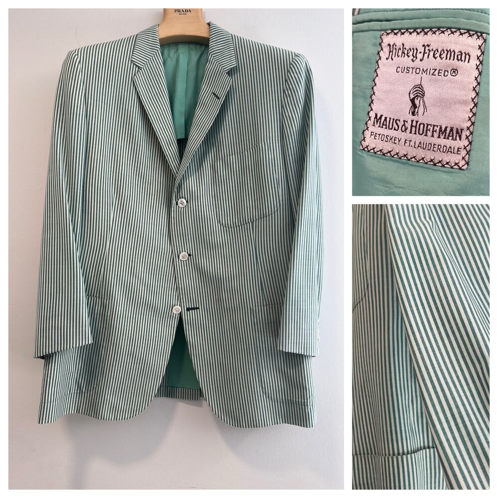 Hickey Freeman 3 Button Suit Jacket Pastel Green White Pinstripes Size 44 JL